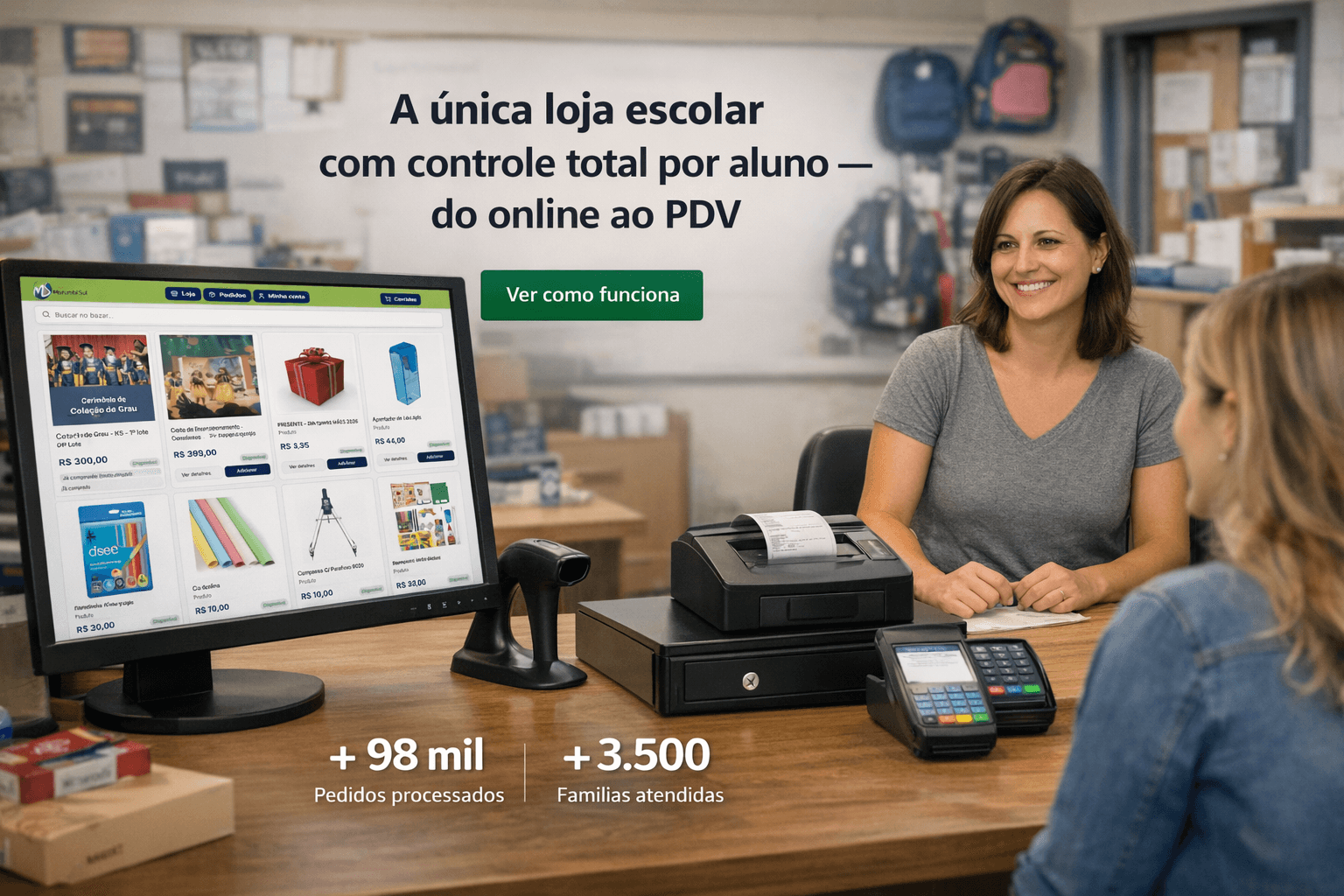 Destaque visual da plataforma Volnix para gestão de loja escolar, painel e experiência digital